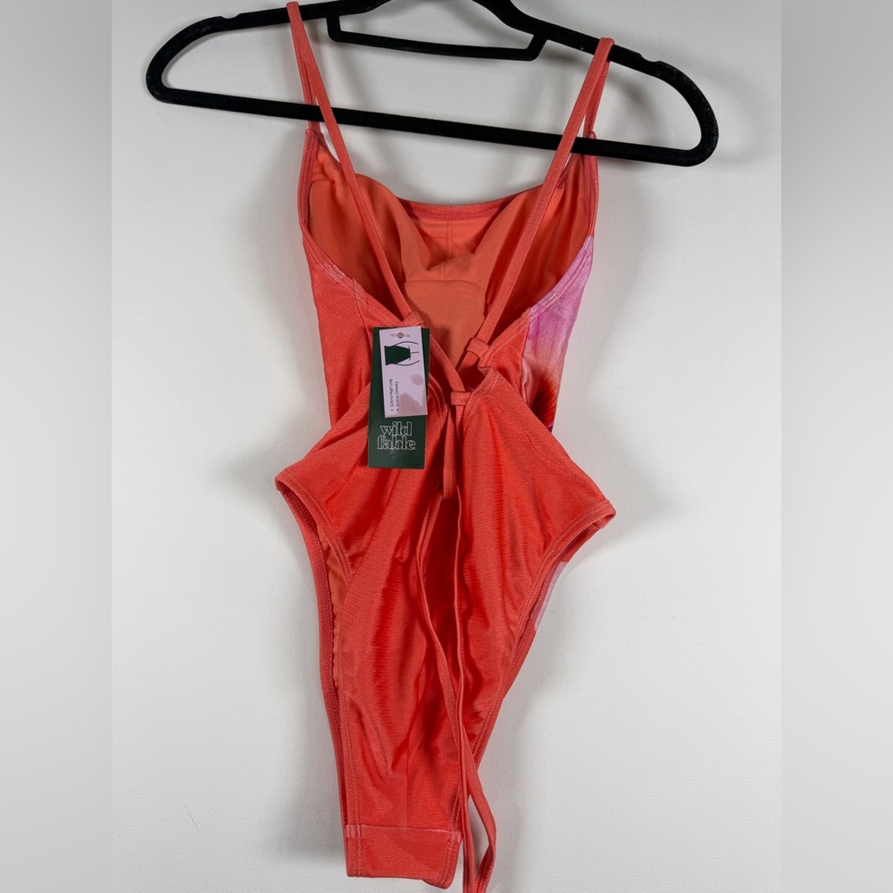 Women's Floral Print High Shine Straight Neck - One Piece Swimsuit -Orange XS - Picture 5 of 11